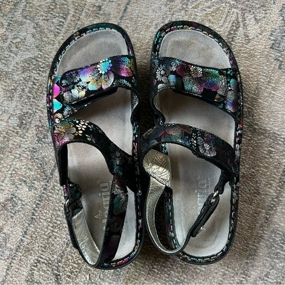 Alegria Verona Colorful Floral Sandals Black Boho Comfort Leather 7 Slip Hippie - Picture 5 of 13